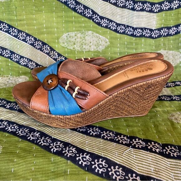 Spring Step Blue and Brown Leather Boho Wedge Heels Size 9 - Picture 5 of 14